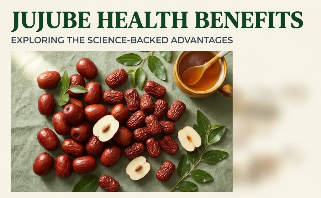 Fresh and dried jujube fruits with tea on linen surface illustrating jujube health benefits research for nutrition article hero banner.
