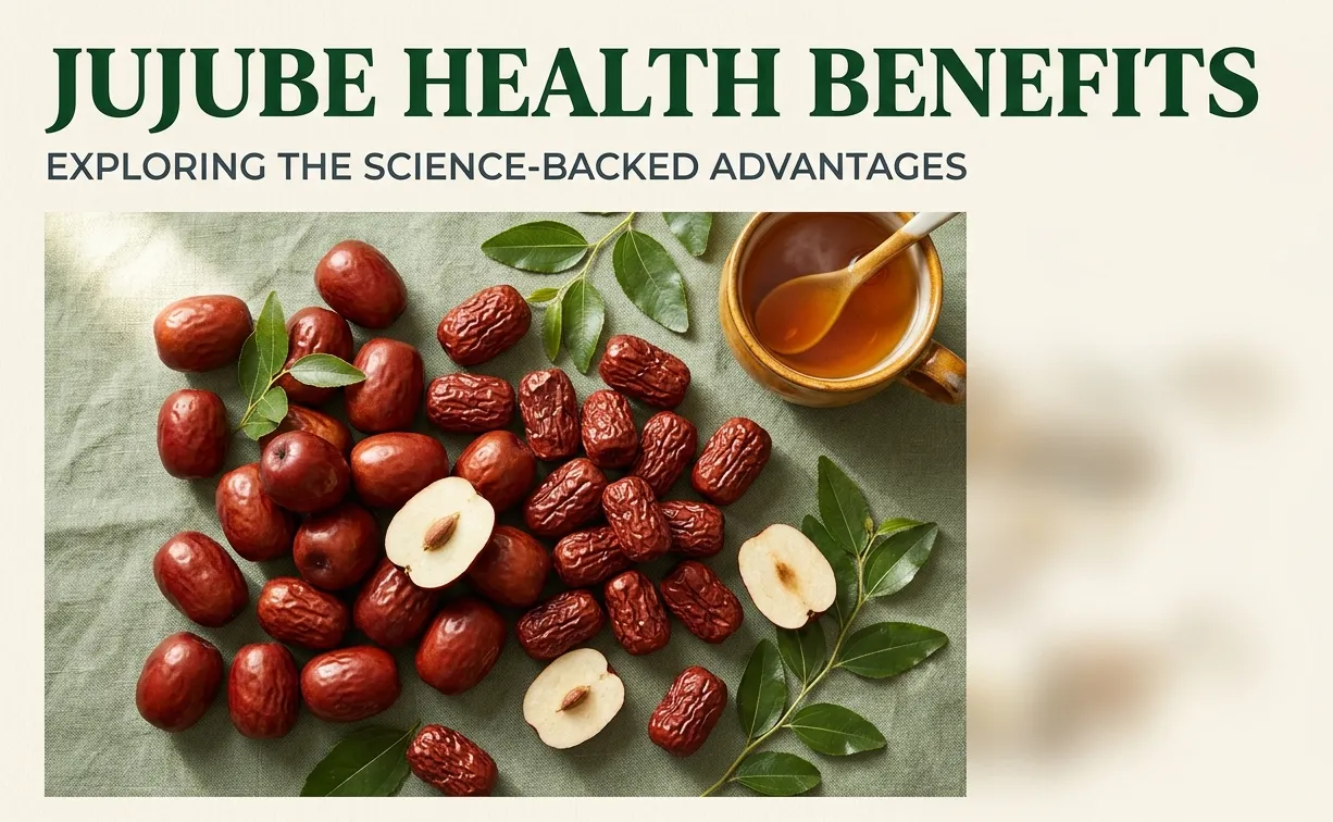 Fresh and dried jujube fruits with tea on linen surface illustrating jujube health benefits research for nutrition article hero banner.