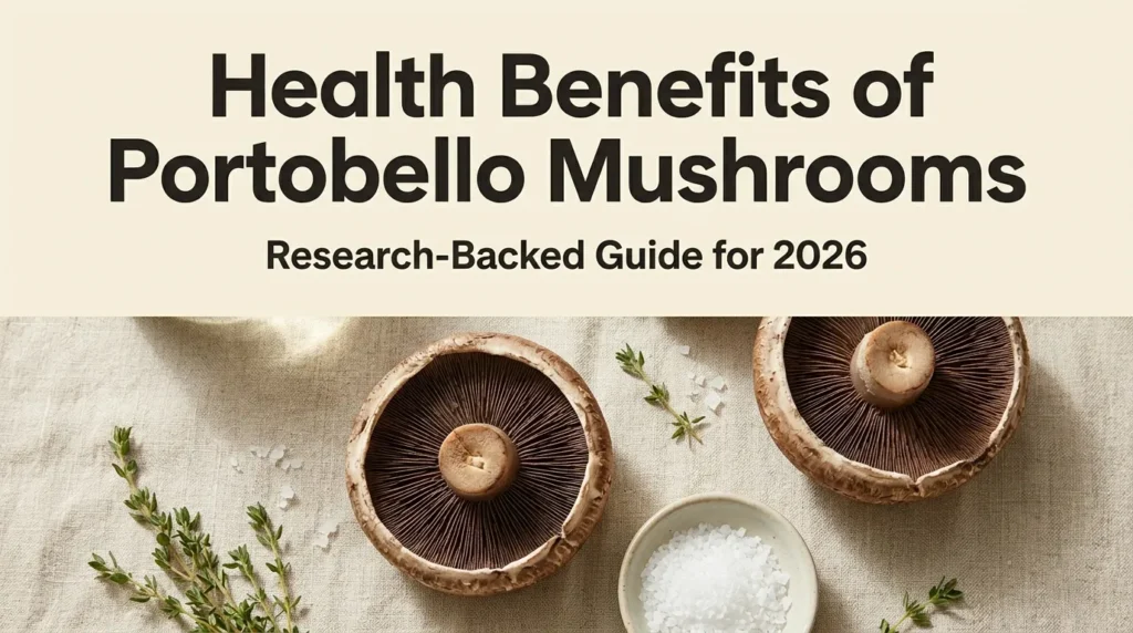 Fresh portobello mushrooms on marble surface with health benefits of portobello mushrooms research guide headline for 2026 nutrition article.