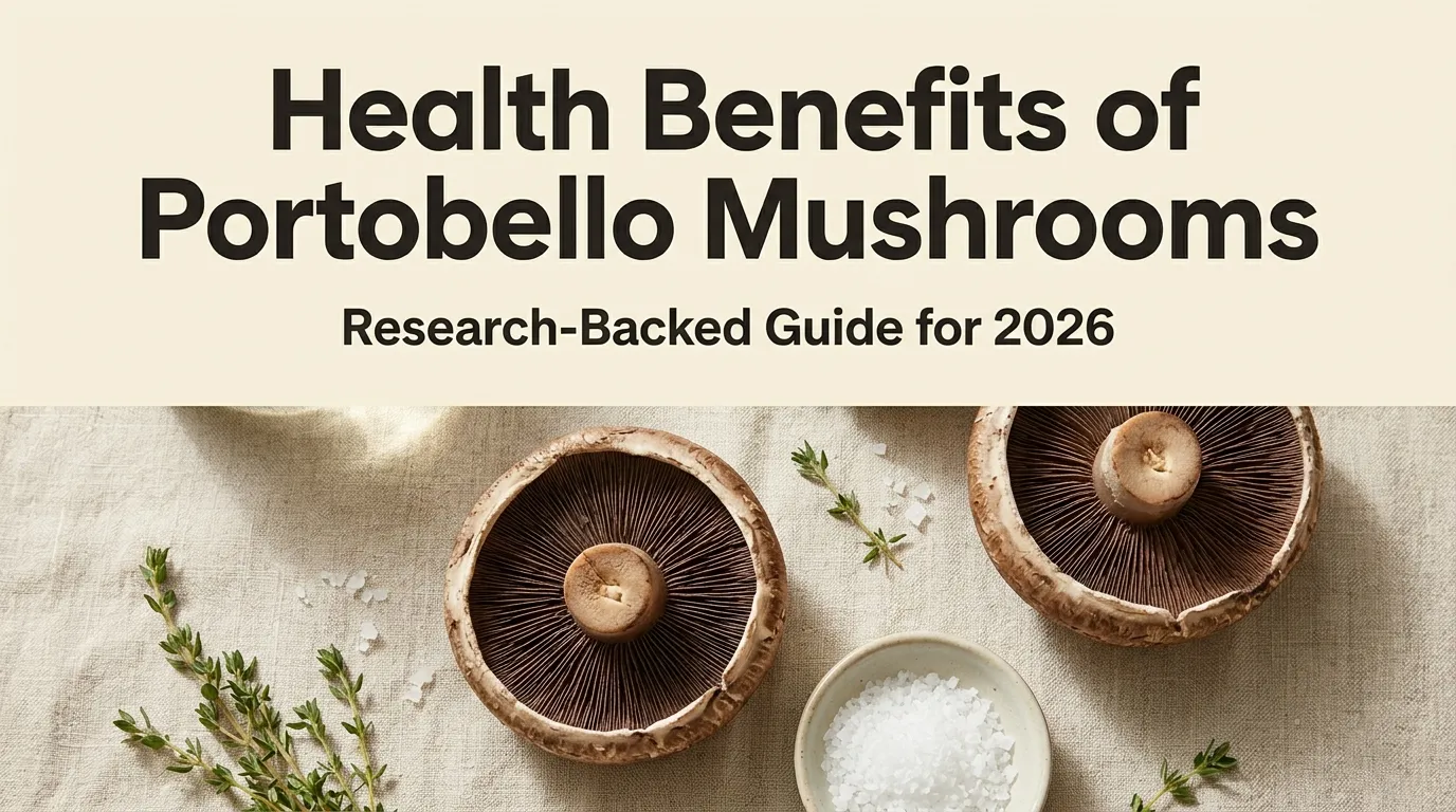 Fresh portobello mushrooms on marble surface with health benefits of portobello mushrooms research guide headline for 2026 nutrition article.