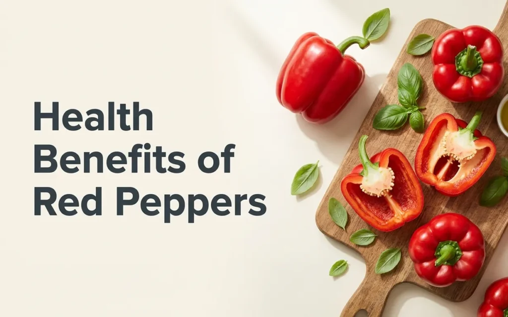 Fresh whole and halved red bell peppers on a wooden cutting board with herbs and olive oil, with the headline Health Benefits of Red Peppers displayed prominently.