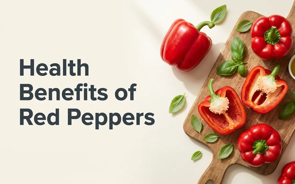 Fresh whole and halved red bell peppers on a wooden cutting board with herbs and olive oil, with the headline Health Benefits of Red Peppers displayed prominently.