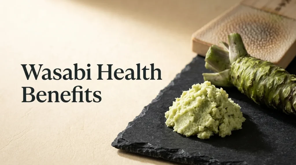 Freshly grated authentic wasabi rhizome on a dark surface with text Wasabi Health Benefits overlaying the image for a nutrition article hero banner.