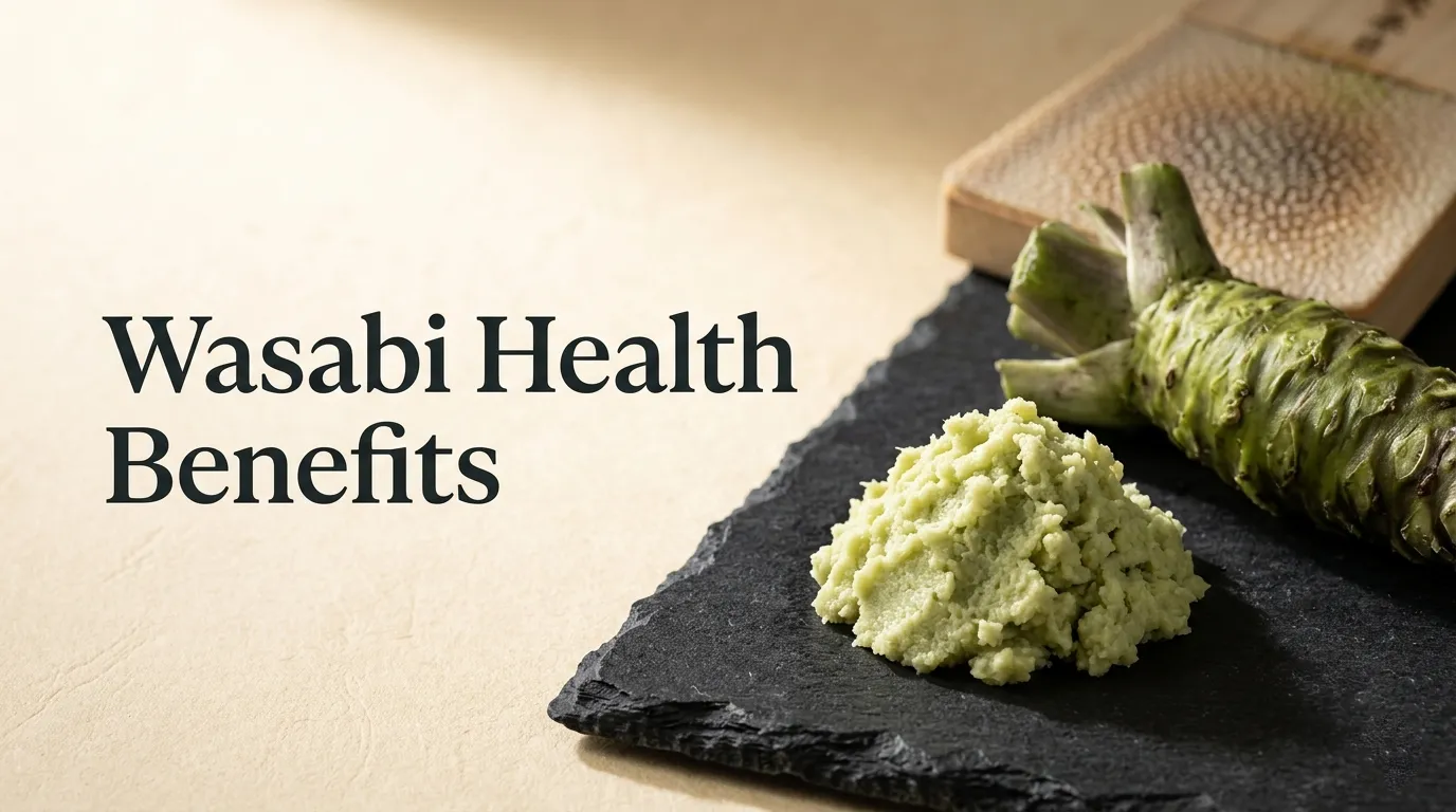 Freshly grated authentic wasabi rhizome on a dark surface with text Wasabi Health Benefits overlaying the image for a nutrition article hero banner.
