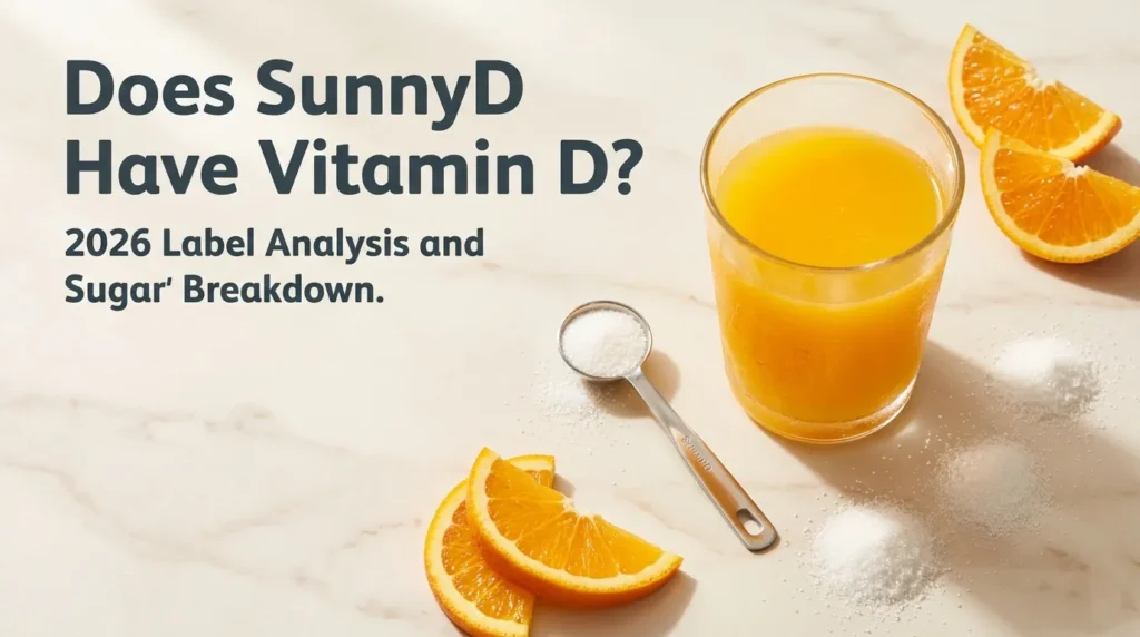 Glass of SunnyD with orange slices and measured sugar showing does sunny d have vitamin d 2026 label analysis and sugar content breakdown.