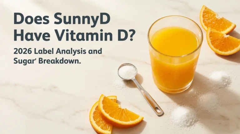 Glass of SunnyD with orange slices and measured sugar showing does sunny d have vitamin d 2026 label analysis and sugar content breakdown.