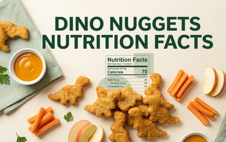 Golden brown dinosaur-shaped chicken nuggets arranged on a cream surface with fresh vegetables, overlaid with the text Dino Nuggets Nutrition Facts as a hero banner for a nutrition analysis article