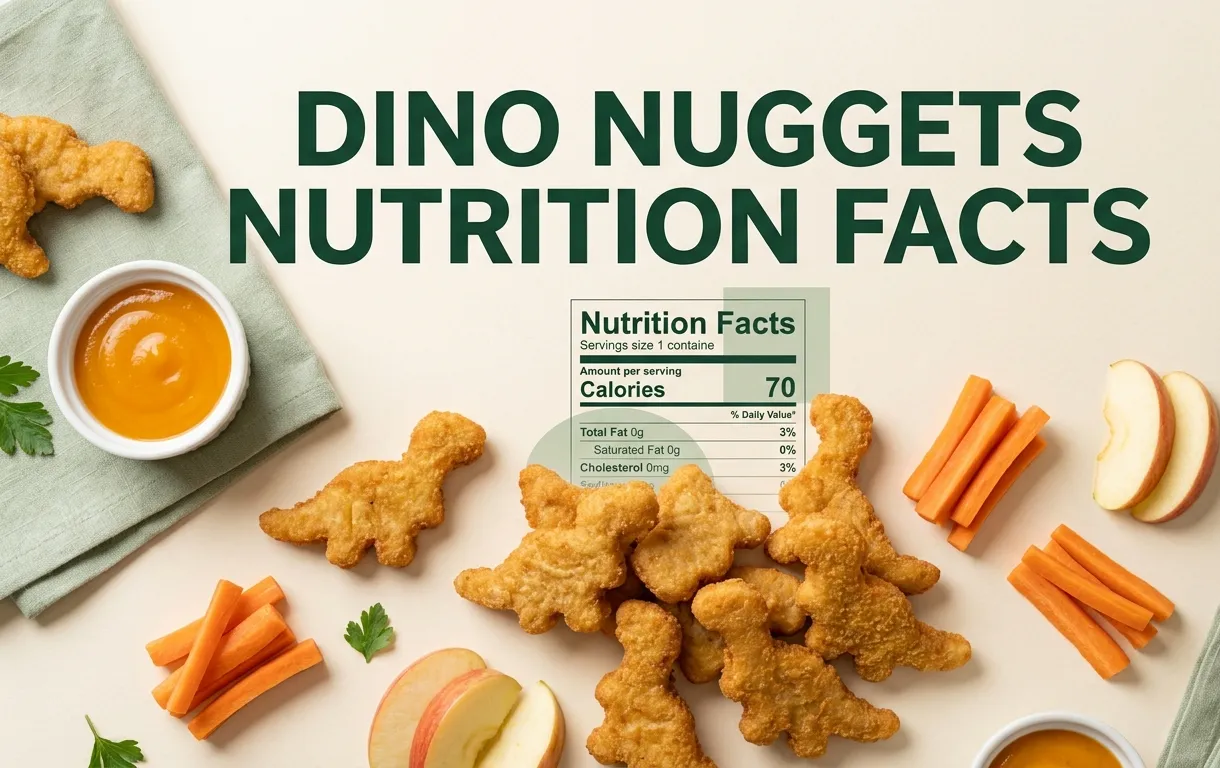 Golden brown dinosaur-shaped chicken nuggets arranged on a cream surface with fresh vegetables, overlaid with the text Dino Nuggets Nutrition Facts as a hero banner for a nutrition analysis article