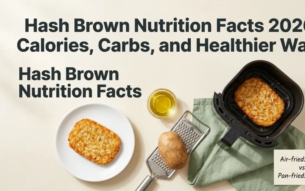 Hash brown nutrition facts hero banner with golden hash brown patty air fryer basket fresh potato and calorie comparison card on cream background.