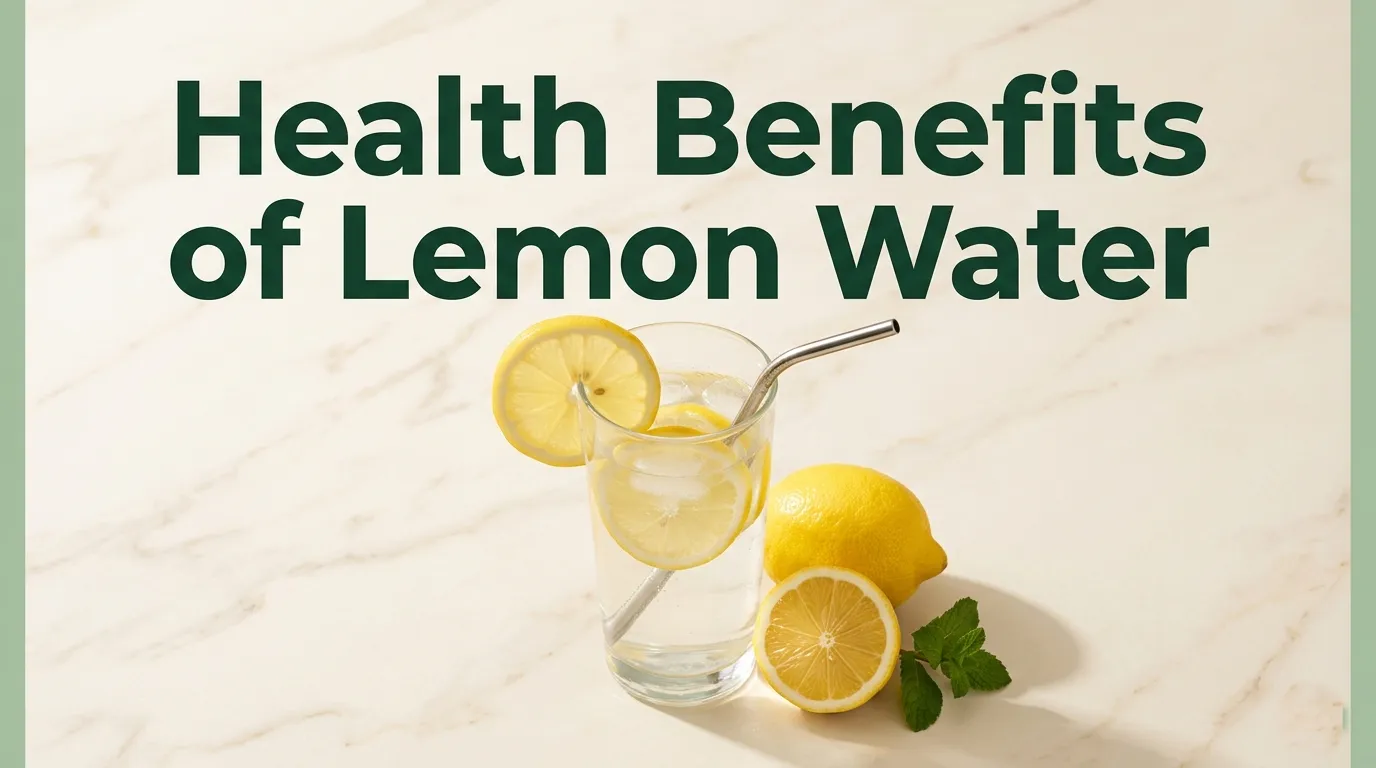 Health Benefits of Lemon Water hero banner with a glass of lemon water, fresh lemons, and mint on a marble surface.