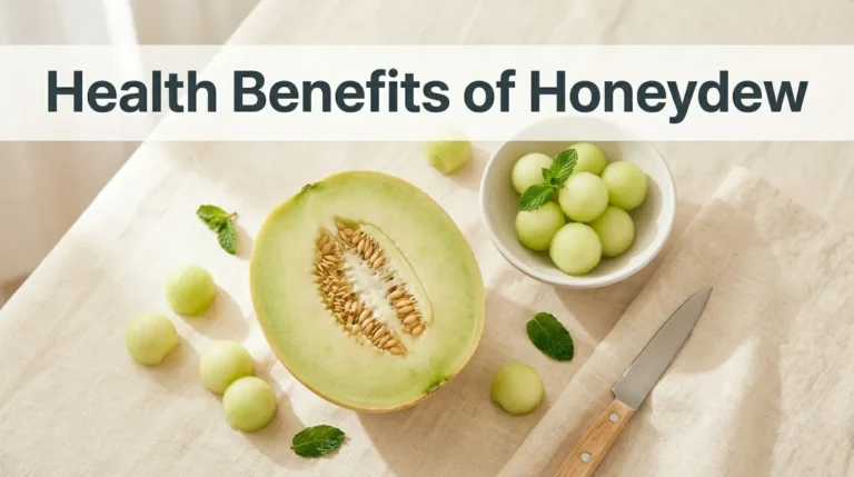 Health benefits of honeydew melon shown with a halved ripe honeydew, melon balls, and mint leaves on a cream background.
