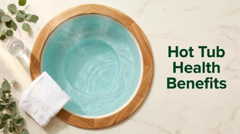 Hot tub health benefits article hero image showing steaming outdoor hot tub with cedar wood frame, white towel, water glass, and eucalyptus sprigs on warm background.