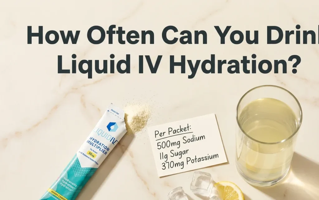 How often can you drink Liquid IV hydration hero banner with product packet prepared drink and nutrition facts card on marble surface.