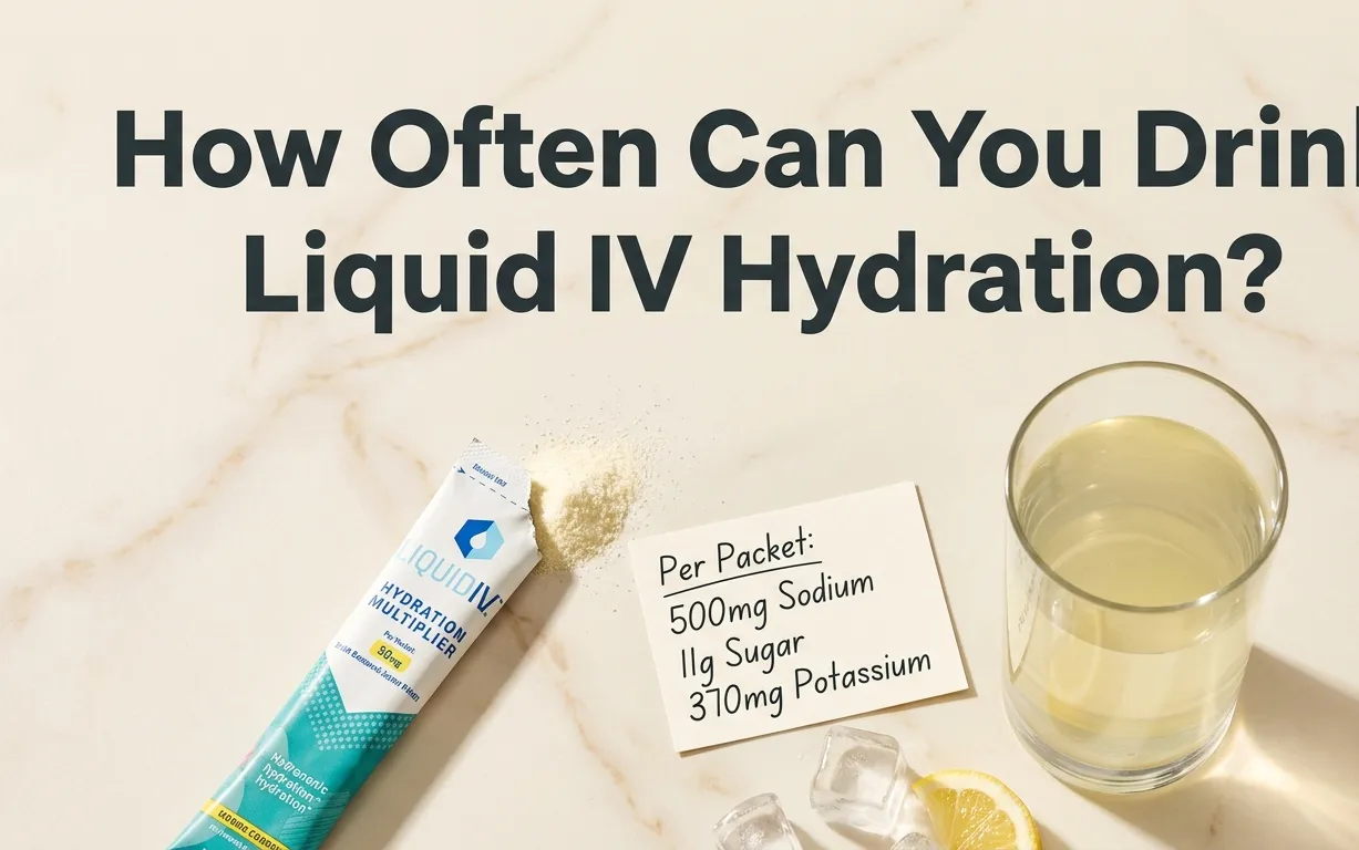 How often can you drink Liquid IV hydration hero banner with product packet prepared drink and nutrition facts card on marble surface.