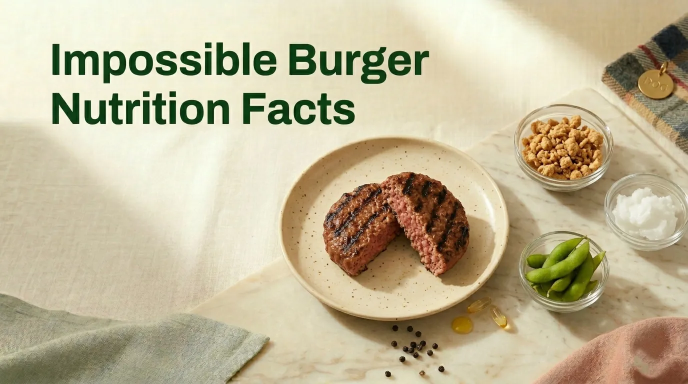 Impossible Burger nutrition facts hero image showing cooked plant-based patty on cream plate with forest green title text overlay.