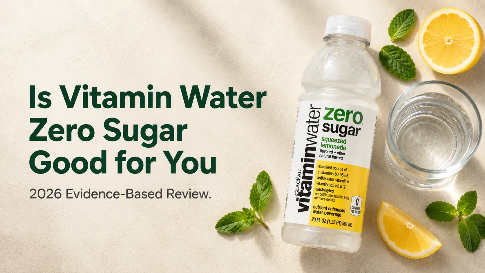 Is Vitamin Water Zero Sugar good for you 2026 review hero banner with bottle and plain water comparison on editorial cream background.