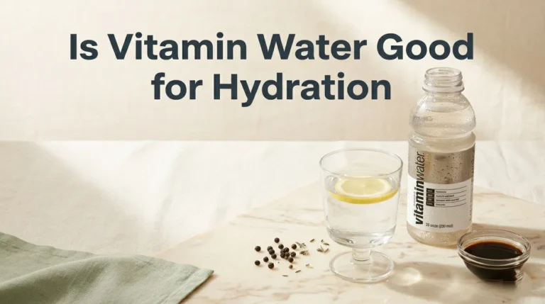 Is Vitamin Water good for hydration hero image showing Vitamin Water bottle beside plain water glass with slate charcoal title text overlay.