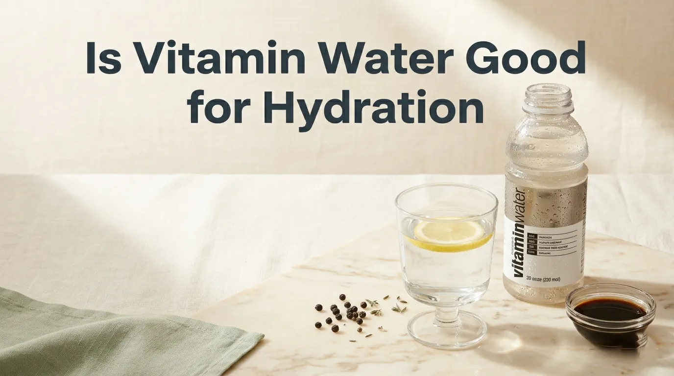 Is Vitamin Water good for hydration hero image showing Vitamin Water bottle beside plain water glass with slate charcoal title text overlay.