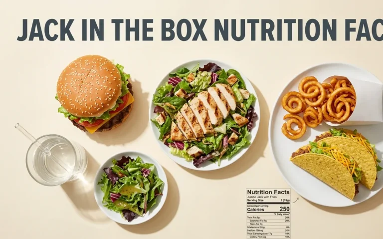Jumbo Jack burger, grilled chicken salad, curly fries, and tacos arranged on a cream surface with water and side salad.