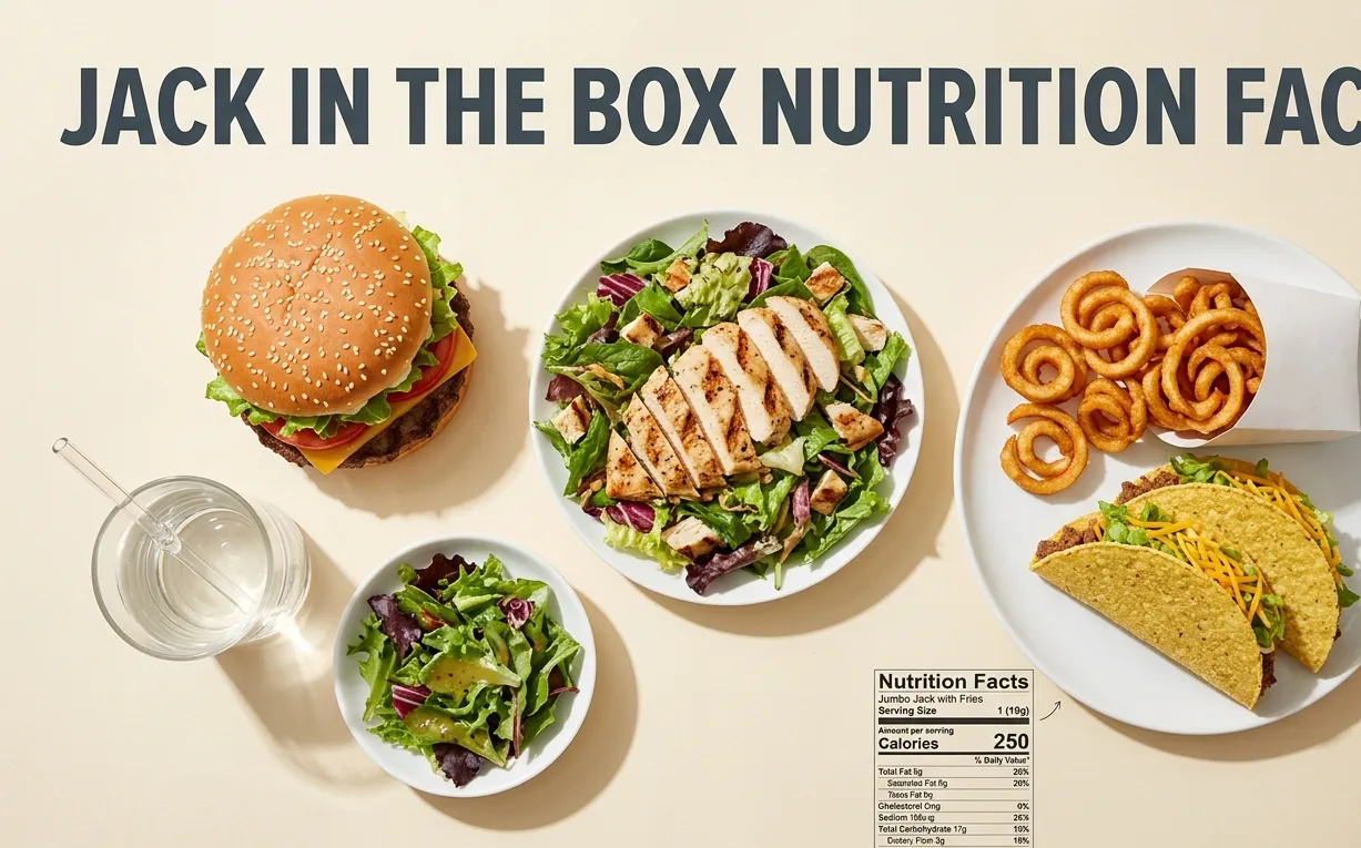 Jumbo Jack burger, grilled chicken salad, curly fries, and tacos arranged on a cream surface with water and side salad.