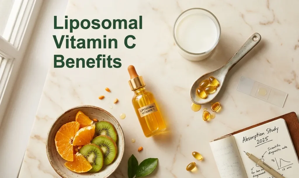 Liposomal vitamin C benefits research and supplement display