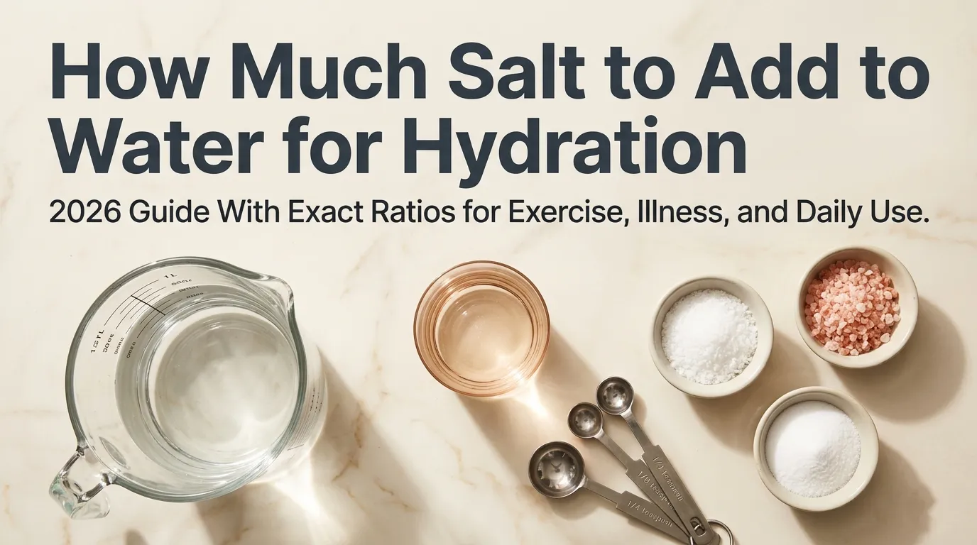 Measuring spoons and three salt types beside water glass showing how much salt to add to water for hydration 2026 guide with exercise and illness ratios.