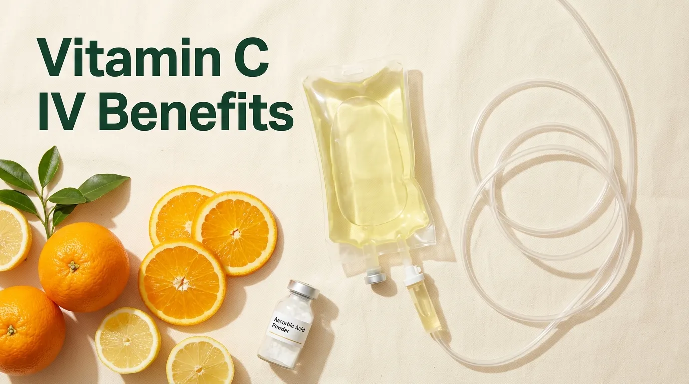 Medical editorial flat-lay with IV vitamin C infusion bag, fresh citrus fruit, and Vitamin C IV Benefits headline text on cream background.