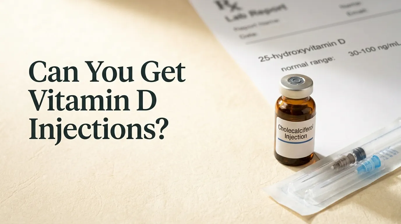 Medical vial of injectable vitamin D with syringe on a cream surface and Can You Get Vitamin D Injections title text for a health article hero banner.