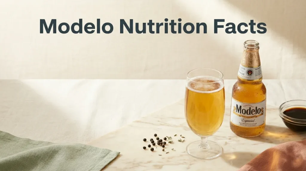 Modelo nutrition facts hero image showing Modelo Especial bottle and poured beer glass with slate charcoal title text overlay.
