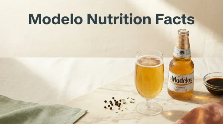 Modelo nutrition facts hero image showing Modelo Especial bottle and poured beer glass with slate charcoal title text overlay.