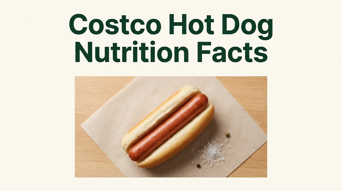 Nutrition facts hero banner showing a Costco food court hot dog on parchment paper with Costco Hot Dog Nutrition Facts title text above it.
