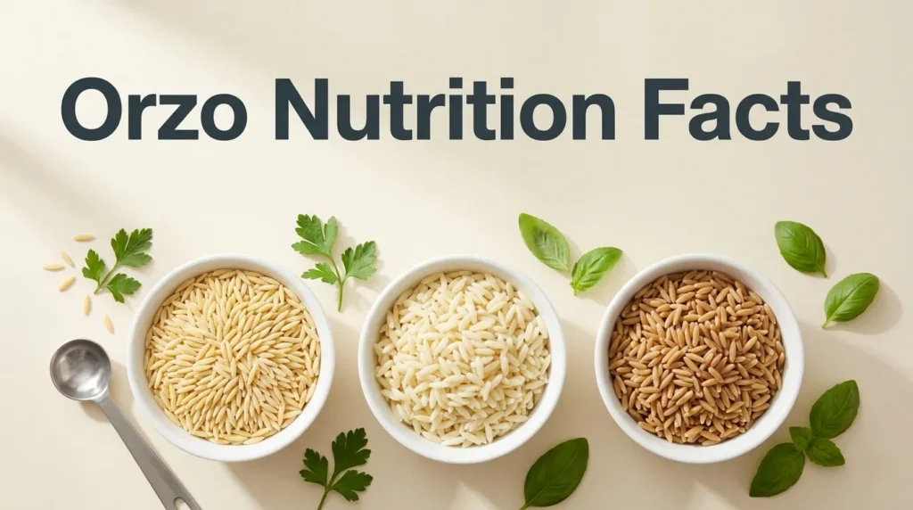 Orzo Nutrition Facts hero banner with bowls of dry and cooked white and whole wheat orzo pasta on a cream background.