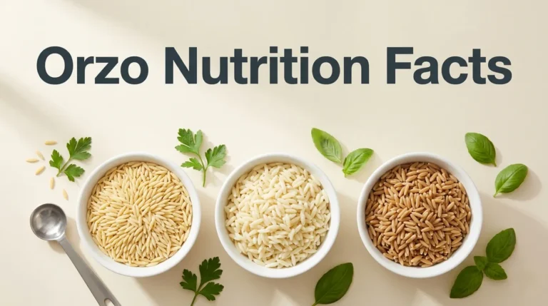Orzo Nutrition Facts hero banner with bowls of dry and cooked white and whole wheat orzo pasta on a cream background.