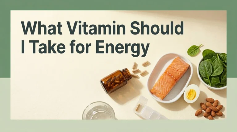 Overhead flat-lay of B12 supplements with food sources salmon, spinach, eggs, and almonds, editorial headline about vitamins for energy.