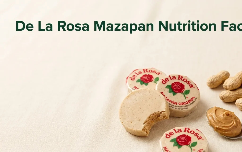 Overhead flat-lay of De La Rosa Mazapan discs, peanuts, and peanut butter, displaying the nutrition facts headline.