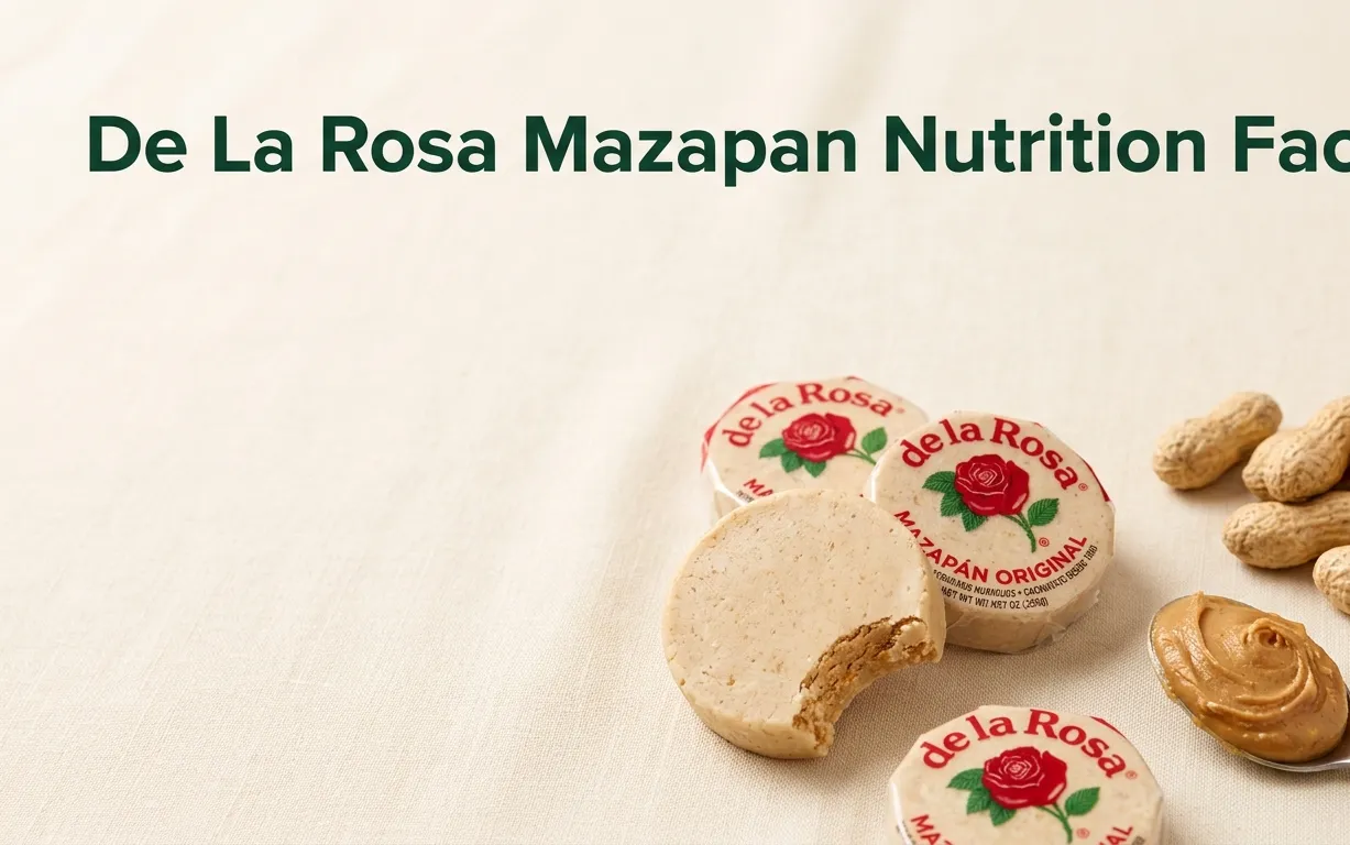 Overhead flat-lay of De La Rosa Mazapan discs, peanuts, and peanut butter, displaying the nutrition facts headline.