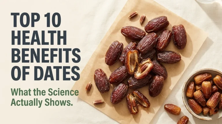 Overhead flat-lay of Medjool and Deglet Noor dates with the headline Top 10 Health Benefits of Dates displayed in bold text on a cream background.