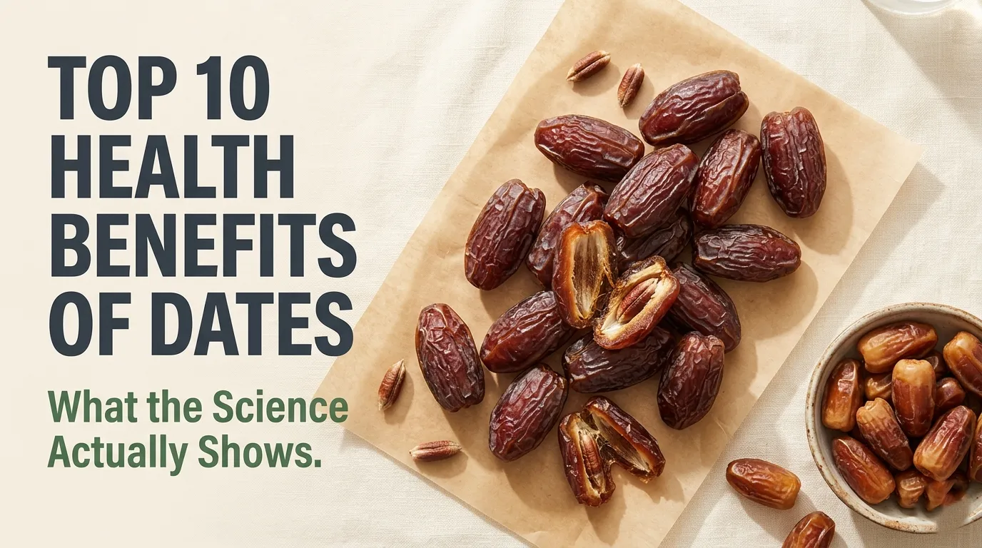Overhead flat-lay of Medjool and Deglet Noor dates with the headline Top 10 Health Benefits of Dates displayed in bold text on a cream background.