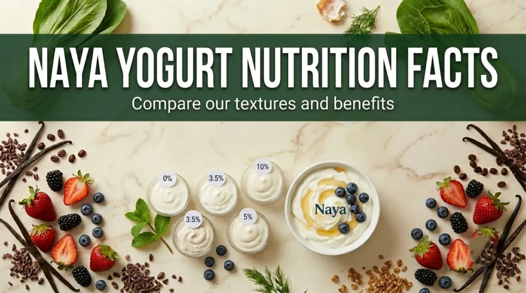 Overhead flat lay of Naya yogurt bowls comparing 0% to 10% fat with berries and honey, with naya yogurt nutrition facts title text.