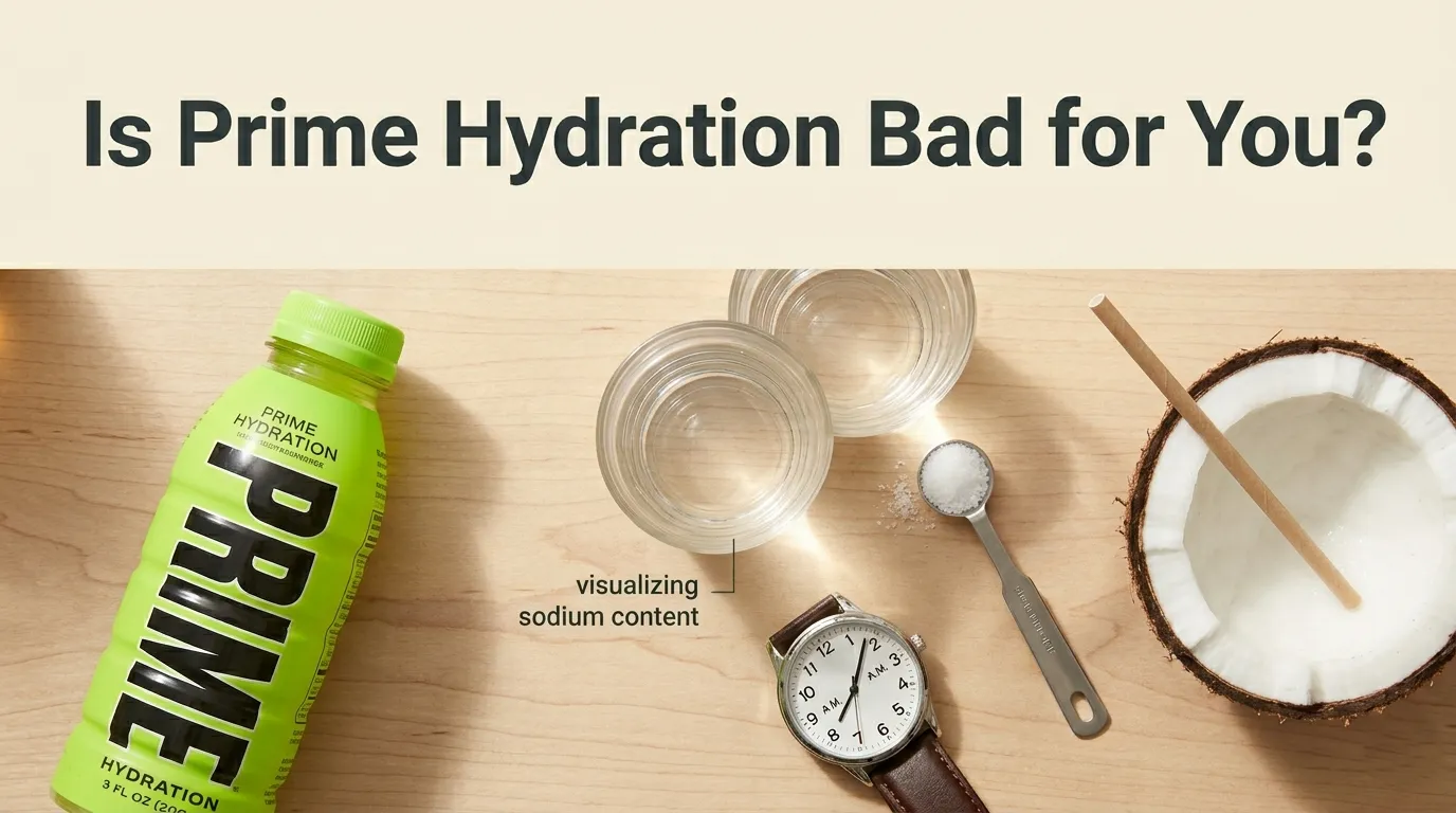 Overhead flat-lay of Prime Hydration bottle, plain water glass, and fresh coconut with article title Is Prime Hydration Bad for You.