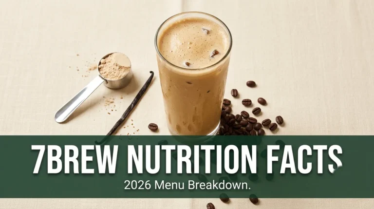 Overhead flat lay of a 7 Brew protein latte, protein powder scoop, and coffee beans with 7brew nutrition facts text overlay.