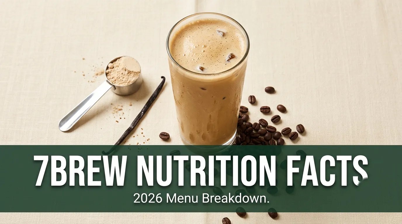 Overhead flat lay of a 7 Brew protein latte, protein powder scoop, and coffee beans with 7brew nutrition facts text overlay.