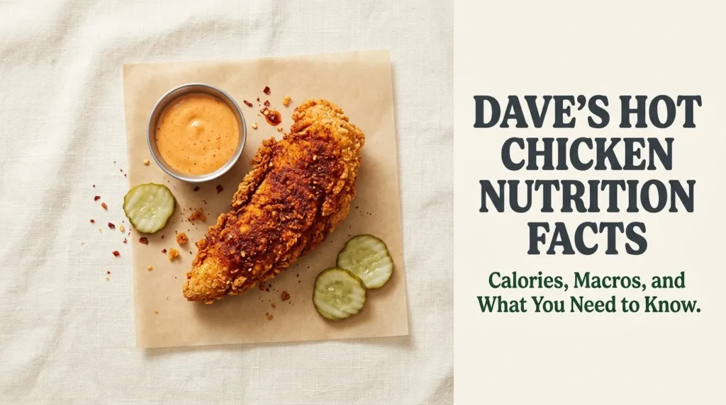 Overhead flat-lay of a Nashville hot chicken tender with Dave's Hot Chicken Nutrition Facts headline displayed as bold text on a cream background.