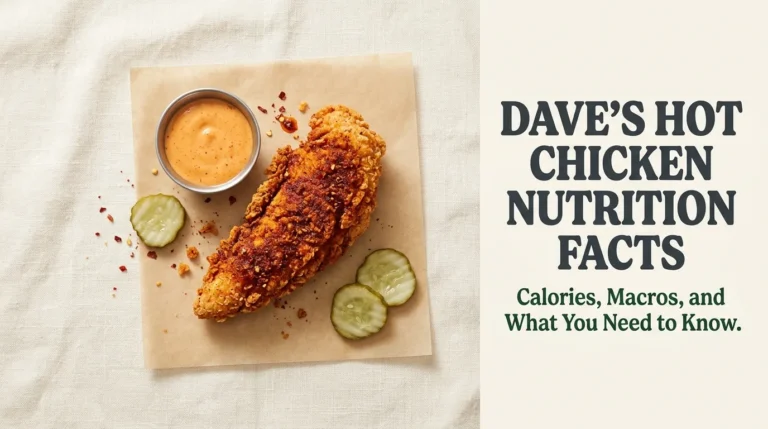 Overhead flat-lay of a Nashville hot chicken tender with Dave's Hot Chicken Nutrition Facts headline displayed as bold text on a cream background.