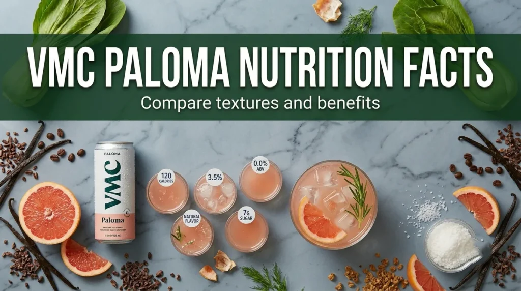 Overhead flat lay of a VMC Paloma can and poured glass with grapefruit garnish and vmc paloma nutrition facts title text.