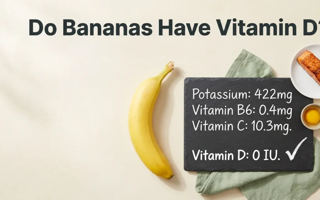 Overhead flat-lay of a banana next to a chalkboard showing 0 IU vitamin D and real vitamin D foods like salmon and eggs, with Do Bananas Have Vitamin D text.