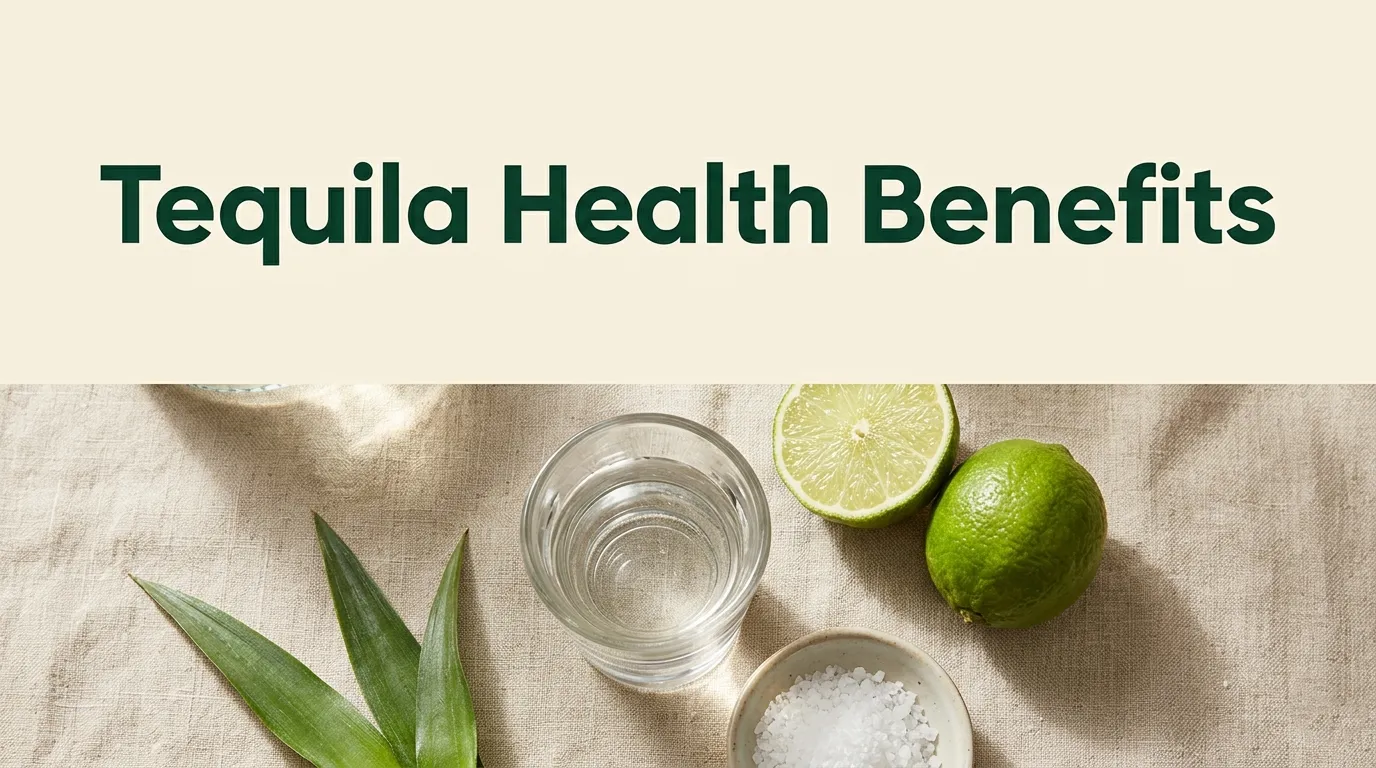 Overhead flat-lay of a clear tequila shot glass with lime and salt on linen with Tequila Health Benefits article title text.