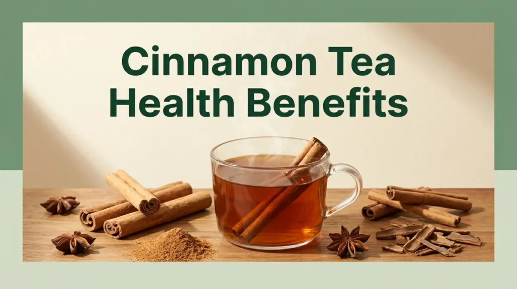 Overhead flat-lay of a glass mug of cinnamon tea with Ceylon cinnamon sticks and ground cinnamon, headline text about cinnamon tea health benefits visible.
