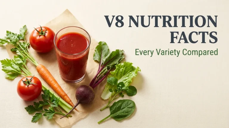 Overhead flat-lay of a glass of V8 juice with fresh vegetables and the V8 Nutrition Facts headline displayed in bold text on a cream background.