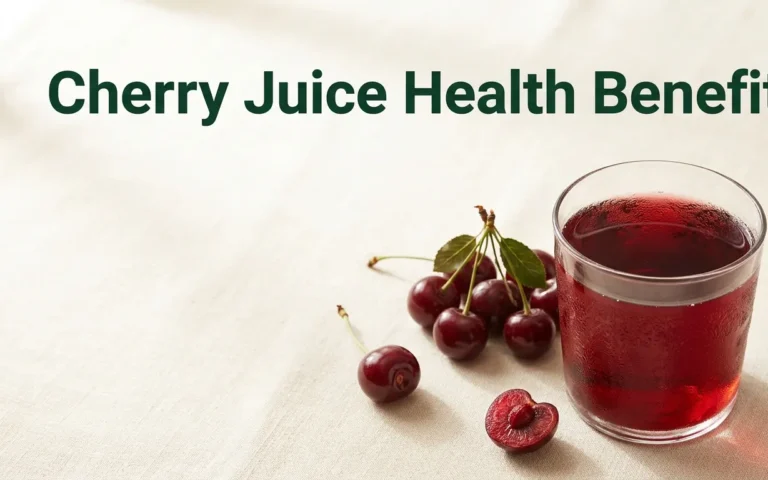 Overhead flat-lay of a glass of tart cherry juice and fresh cherries, displaying the cherry juice health benefits headline.